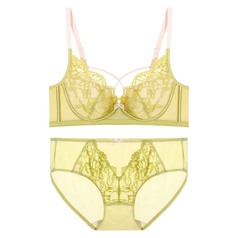 深い谷間 セクシー 透かし彫り ソフトワイヤー B-Cカップ レース フ バストアップ ブラ・ショーツセット