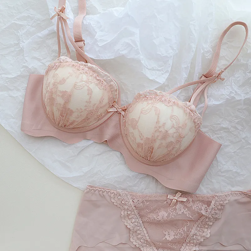 【24H期間限定セール】まん丸バスト 単品販売可能 ノンワイヤー A-Bカップ 可愛い 美乳 ハミ肉ゼロ レース ブラ・ショーツセット