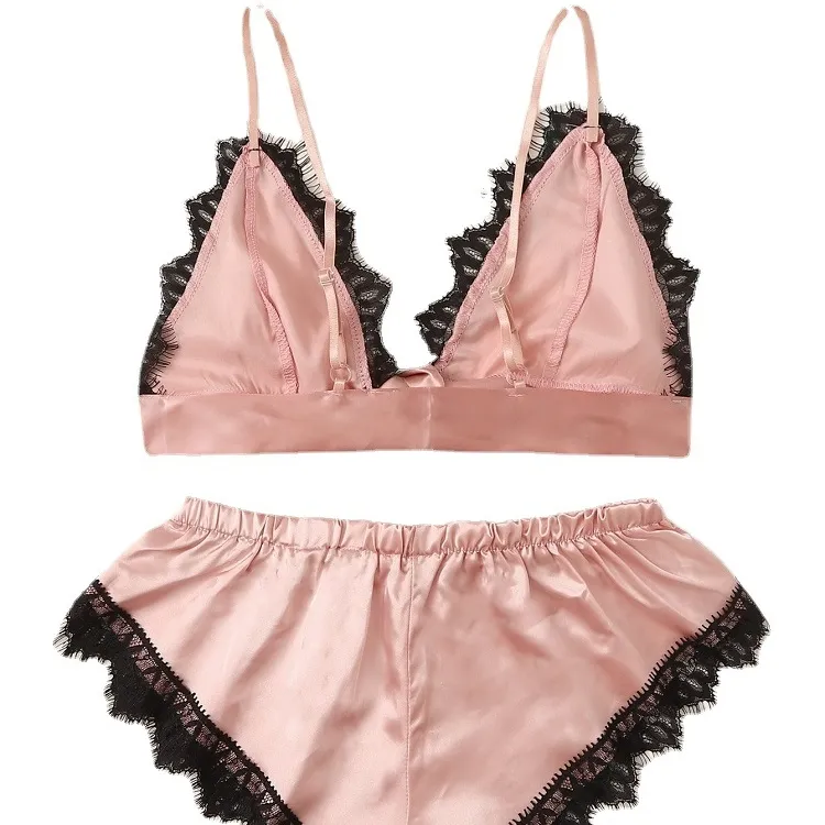 清新 キュート 欧米風 セクシー ルームウェア 切り替え レース ノンワイヤー ブラ・ショーツセット