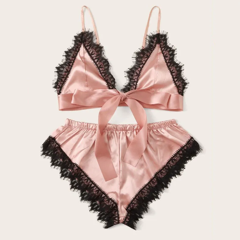 清新 キュート 欧米風 セクシー ルームウェア 切り替え レース ノンワイヤー ブラ・ショーツセット