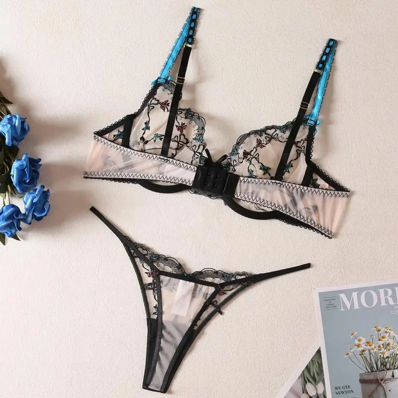 刺繡花柄 セクシー ワイヤー入り メッシュ スケスケ 美乳 ガーターベルト付き ブラ・ショーツセット