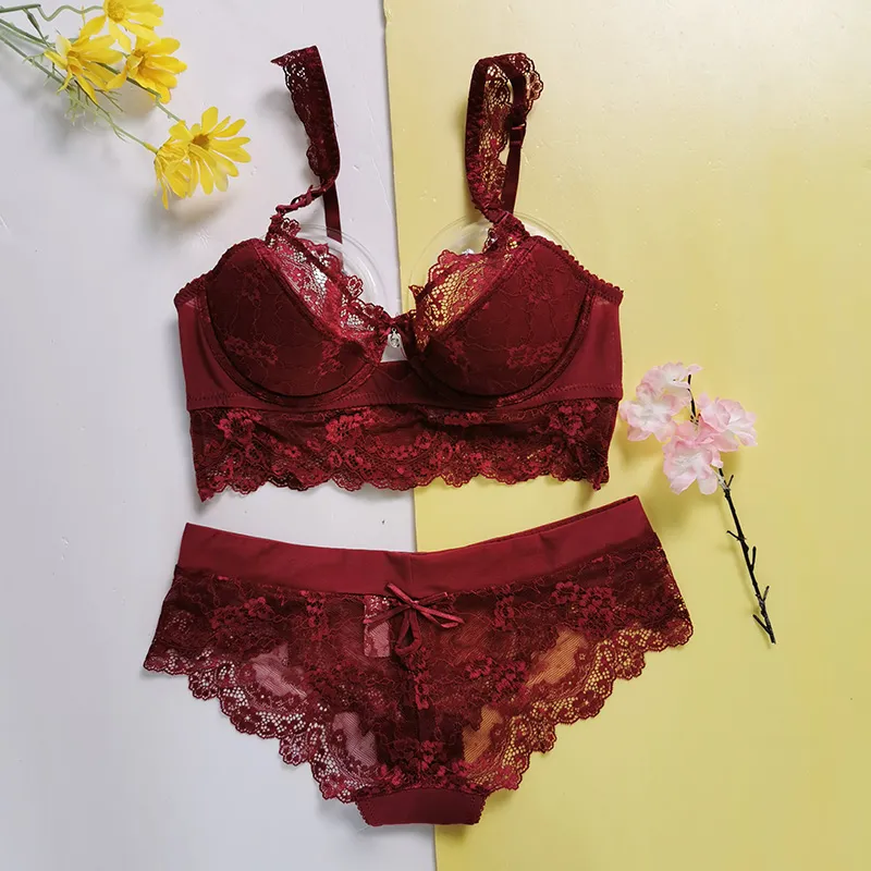 （B-Eカップ）セクシー レース 透かし彫り ワイヤー入り 脇高 単品販売可 美胸 谷間メイク ブラ・ショーツセット