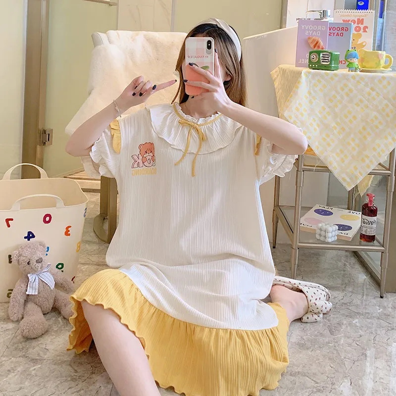 姫風 少女 可愛い 体型カバー 着瘦せ オシャレ ゆったり カジュアル 半袖 レース リボン パジャマワンピ