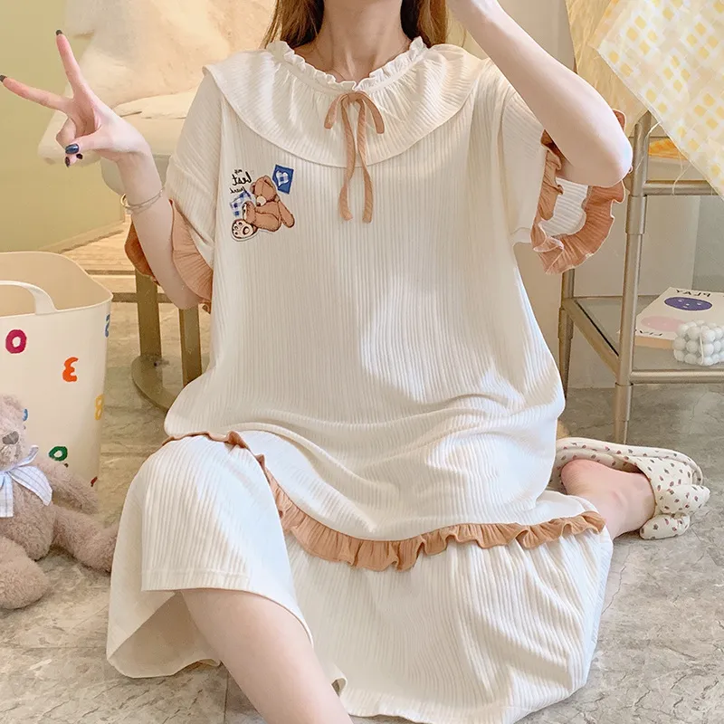 姫風 少女 可愛い 体型カバー 着瘦せ オシャレ ゆったり カジュアル 半袖 レース リボン パジャマワンピ