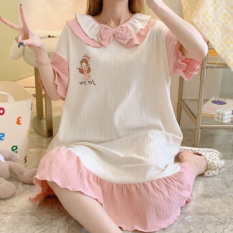 姫風 少女 可愛い 体型カバー 着瘦せ オシャレ ゆったり カジュアル 半袖 レース リボン パジャマワンピ