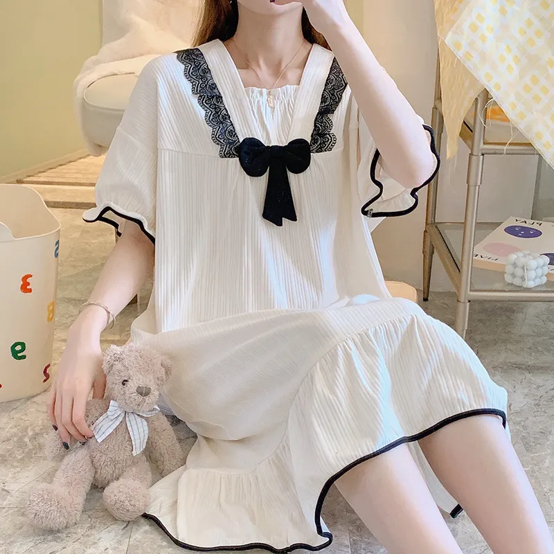 姫風 少女 可愛い 体型カバー 着瘦せ オシャレ ゆったり カジュアル 半袖 レース リボン パジャマワンピ