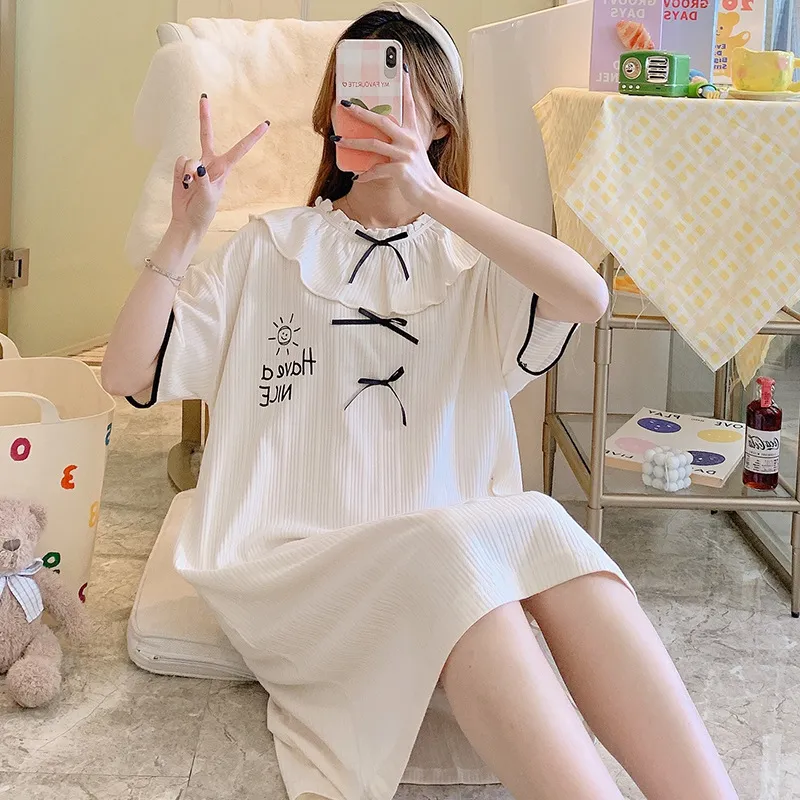 姫風 少女 可愛い 体型カバー 着瘦せ オシャレ ゆったり カジュアル 半袖 レース リボン パジャマワンピ