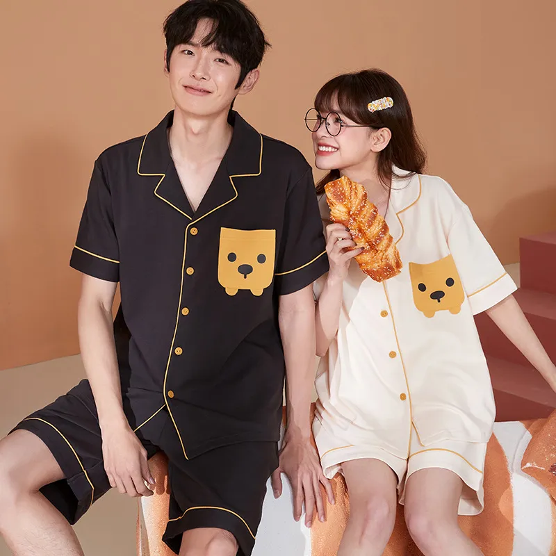 定番シンプル 前開き 半袖 おしゃれ度高め 外出可能 上下セット お揃いカップル 男女別売り ペアルックパジャマ