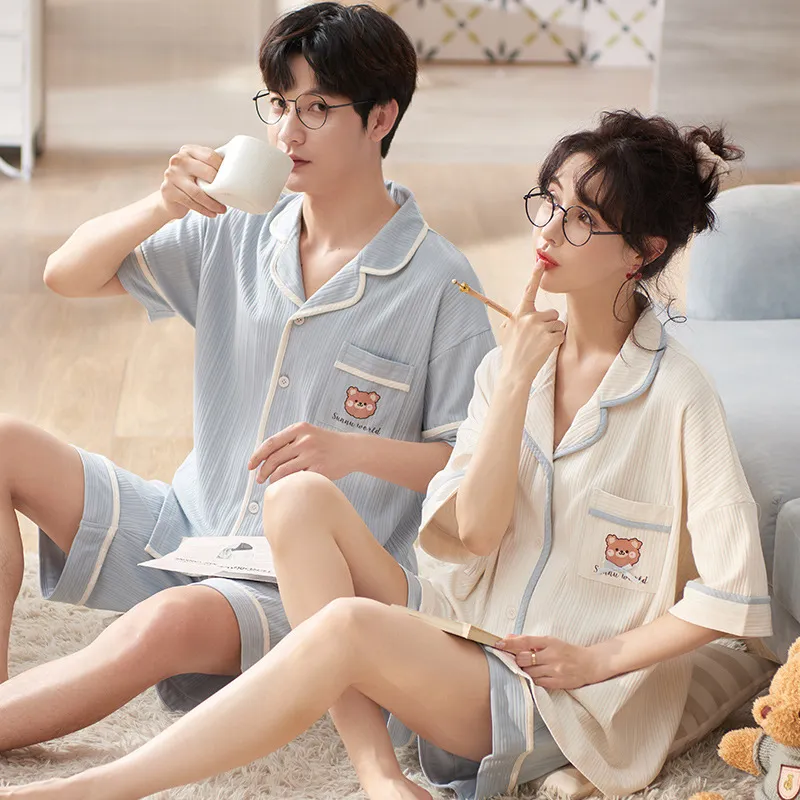 定番シンプル 前開き 半袖 おしゃれ度高め 外出可能 上下セット お揃いカップル 男女別売り ペアルックパジャマ