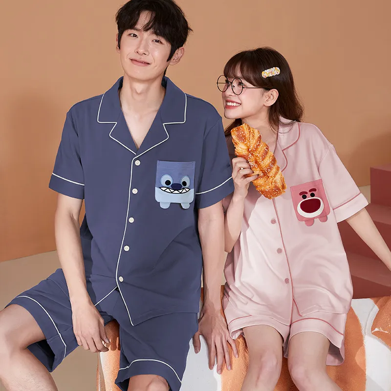 定番シンプル 前開き 半袖 おしゃれ度高め 外出可能 上下セット お揃いカップル 男女別売り ペアルックパジャマ