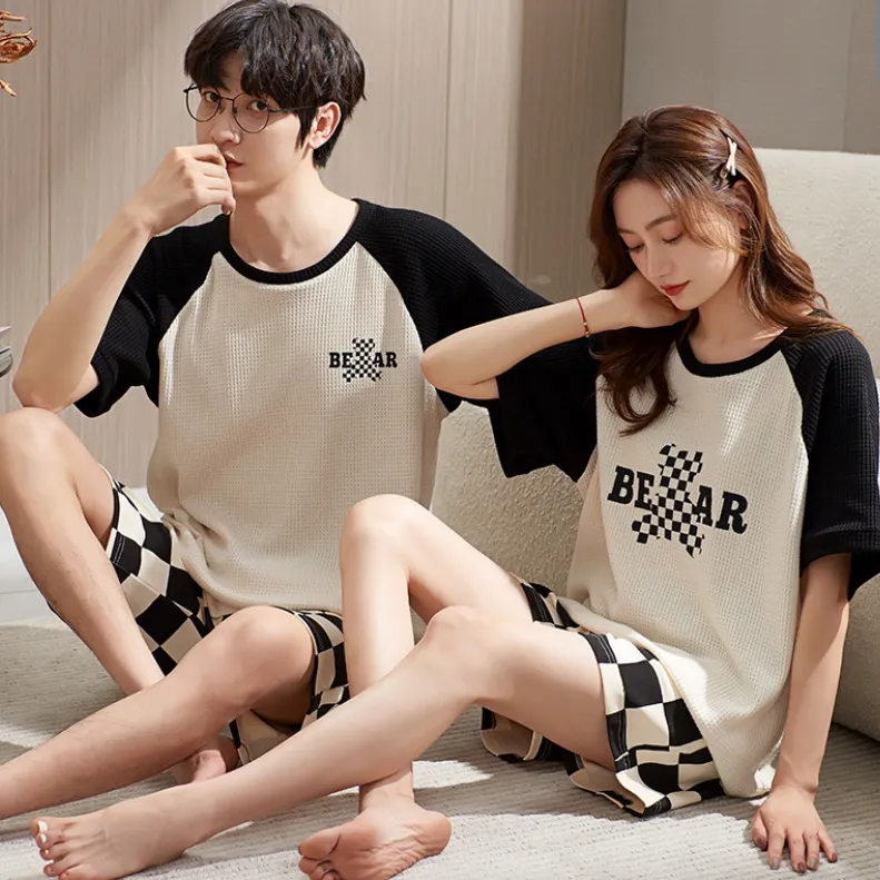 外出可能 カジュアル ゆったり 五分袖 配色 プリント デザイン性抜群 おすすめペアルックパジャマ