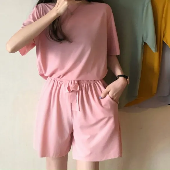 2点セット 全5色 半袖 シンプル 無地  キャミソール 上下セット