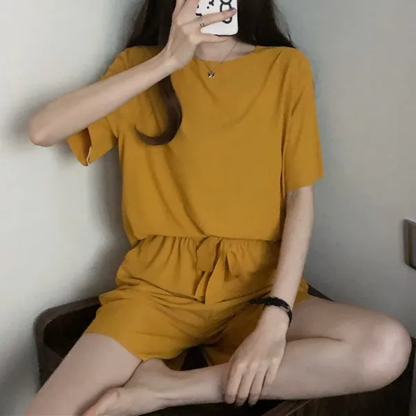 2点セット 全5色 半袖 シンプル 無地  キャミソール 上下セット