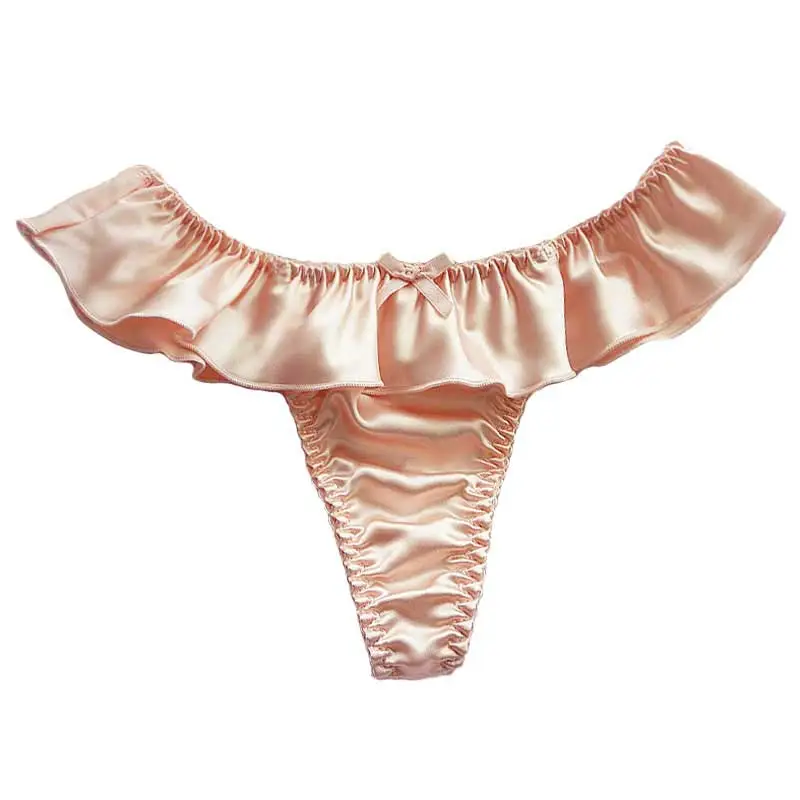 レトロ フリル シルク 光沢感 リボン付き 無地 ステルス シームレス 柔らかい 誘惑 Ｔバック・タンガ