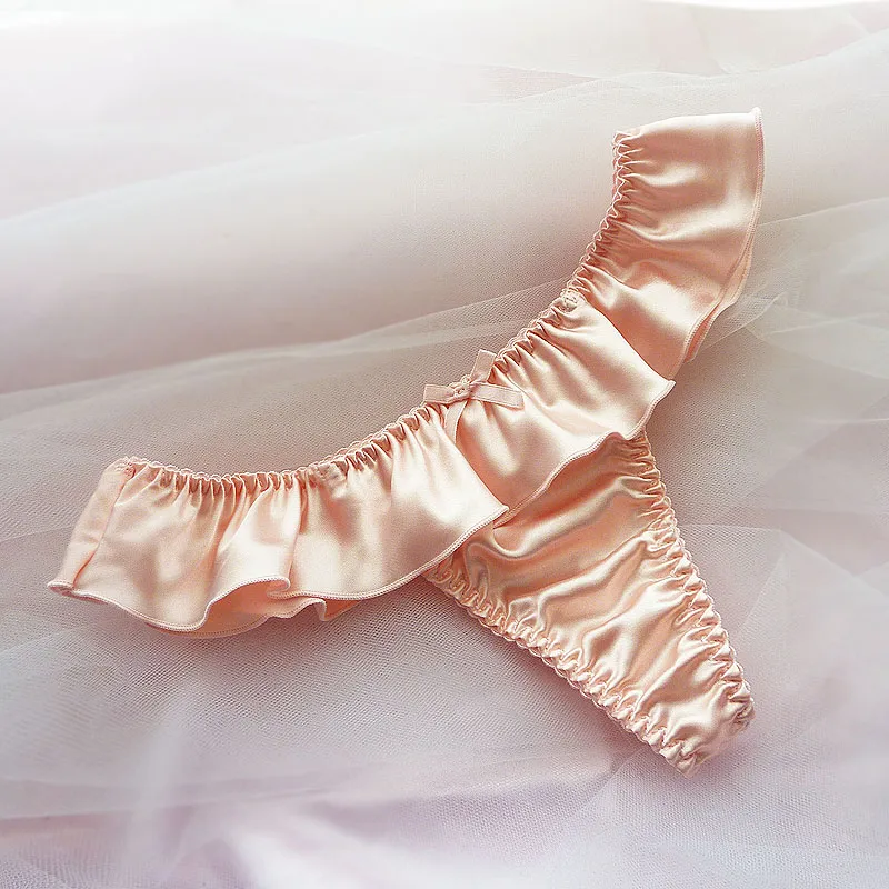 レトロ フリル シルク 光沢感 リボン付き 無地 ステルス シームレス 柔らかい 誘惑 Ｔバック・タンガ