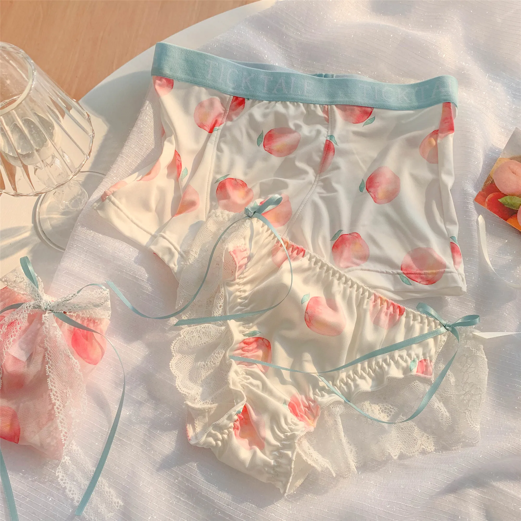 二点男女セット スウィート レース プリント リボン 可愛い  紐パンツ カップル スタンダードショーツ