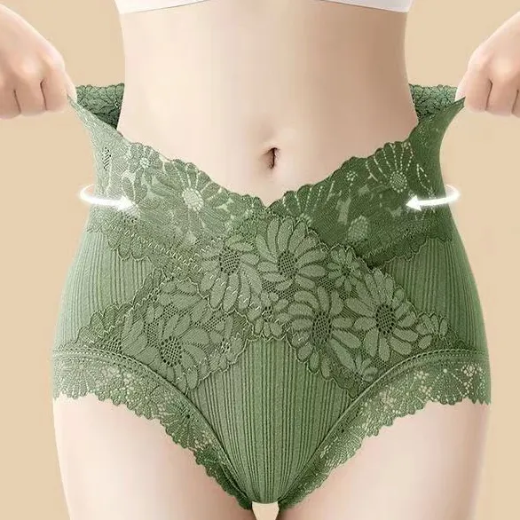 【3枚セット】 華やかな刺繍 ハイウエスト 切り替え レース 柔らかい プリント ショーツ