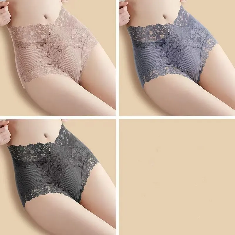 【3枚セット】 華やかな刺繍 ハイウエスト 切り替え レース 柔らかい プリント ショーツ