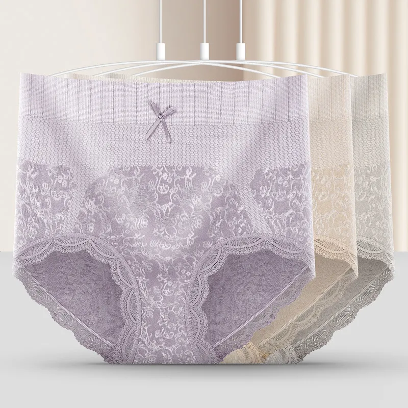 【M-2XL】2枚組 グラフェン 抗菌 防臭 綿 ハイウェスト 伸縮性 レース ショーツ