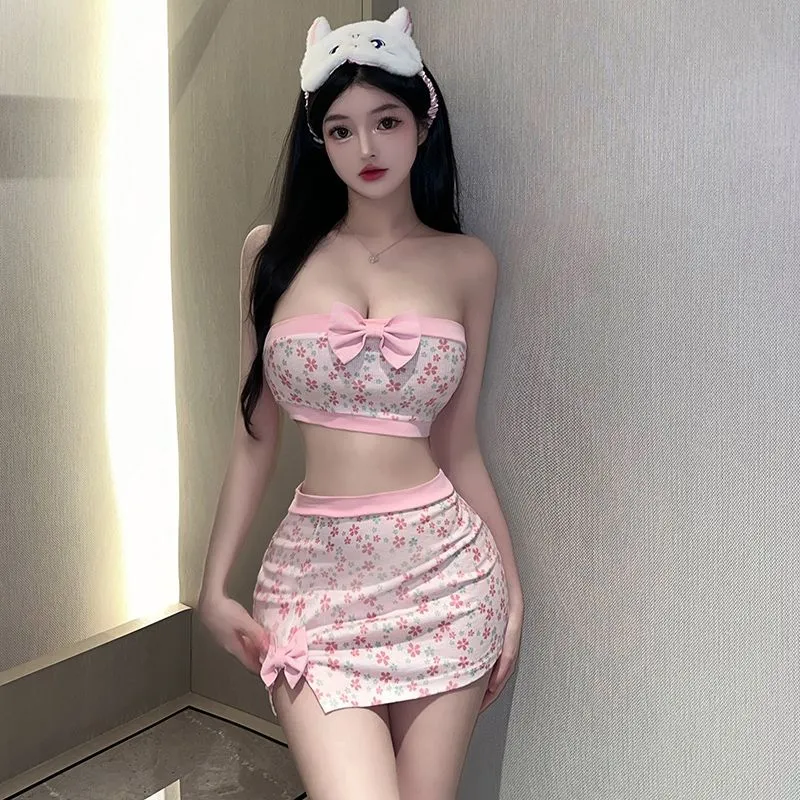 韓国風ファッション 花柄 セクシー チューブトップ＋タイトスカート＋Tバック 3点セット