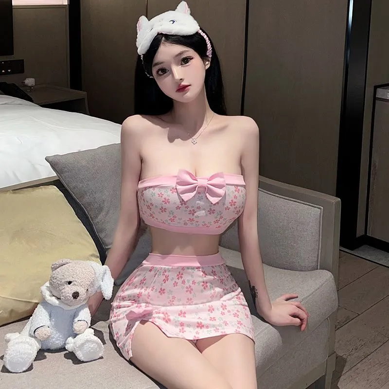 韓国風ファッション 花柄 セクシー チューブトップ＋タイトスカート＋Tバック 3点セット
