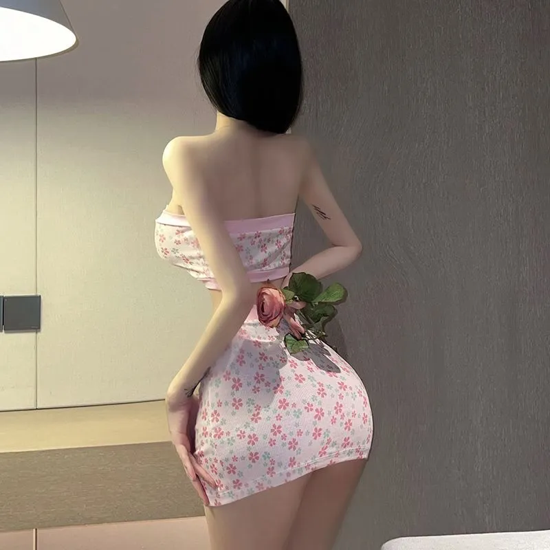 韓国風ファッション 花柄 セクシー チューブトップ＋タイトスカート＋Tバック 3点セット