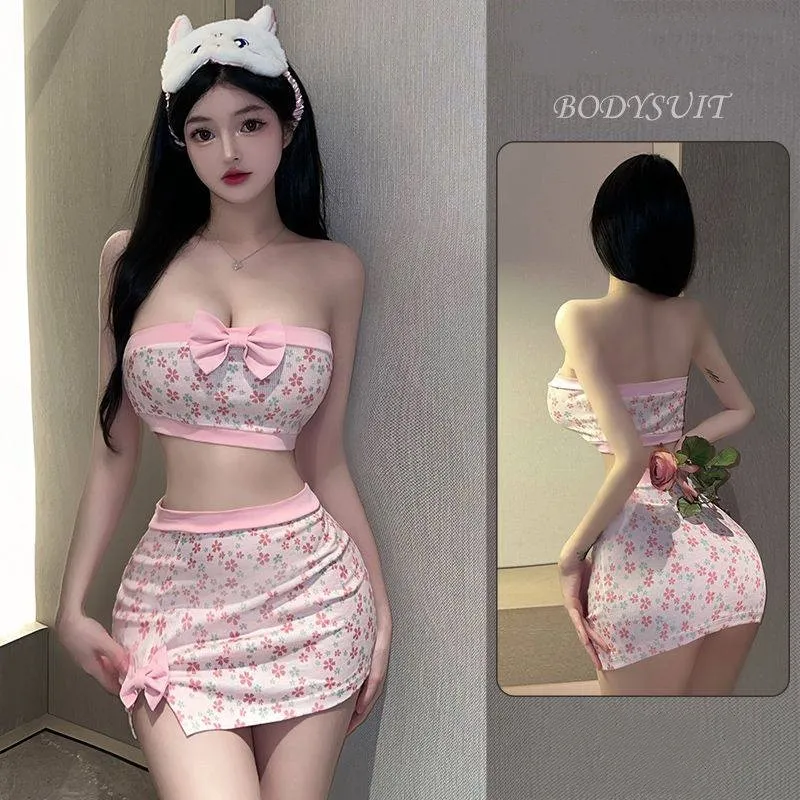 韓国風ファッション 花柄 セクシー チューブトップ＋タイトスカート＋Tバック 3点セット